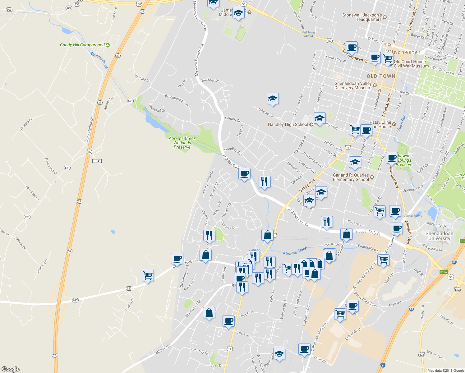 map of restaurants, bars, coffee shops, grocery stores, and more near 1815 Tilghman Lane in Winchester