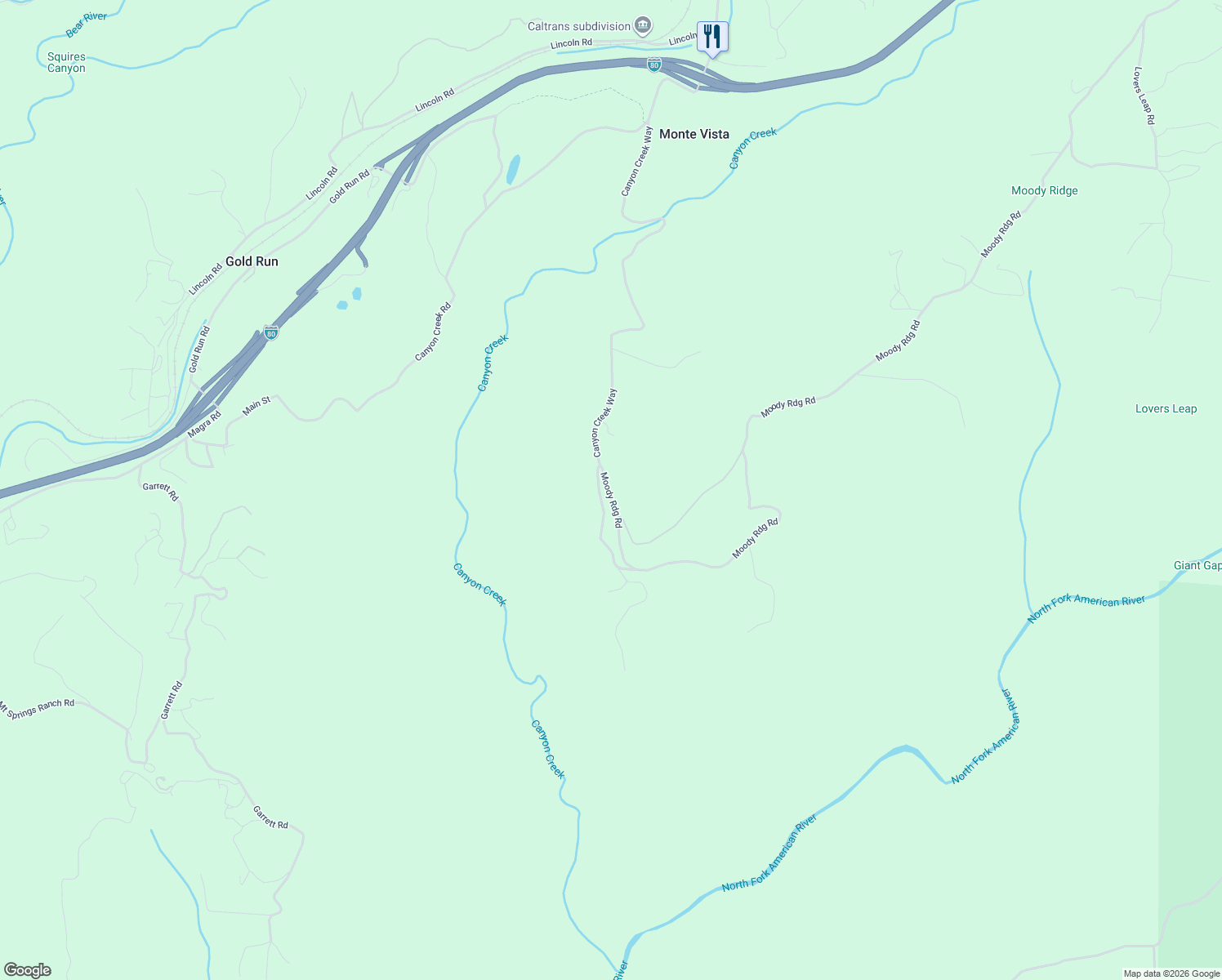 map of restaurants, bars, coffee shops, grocery stores, and more near Moody Ridge Rd in Placer