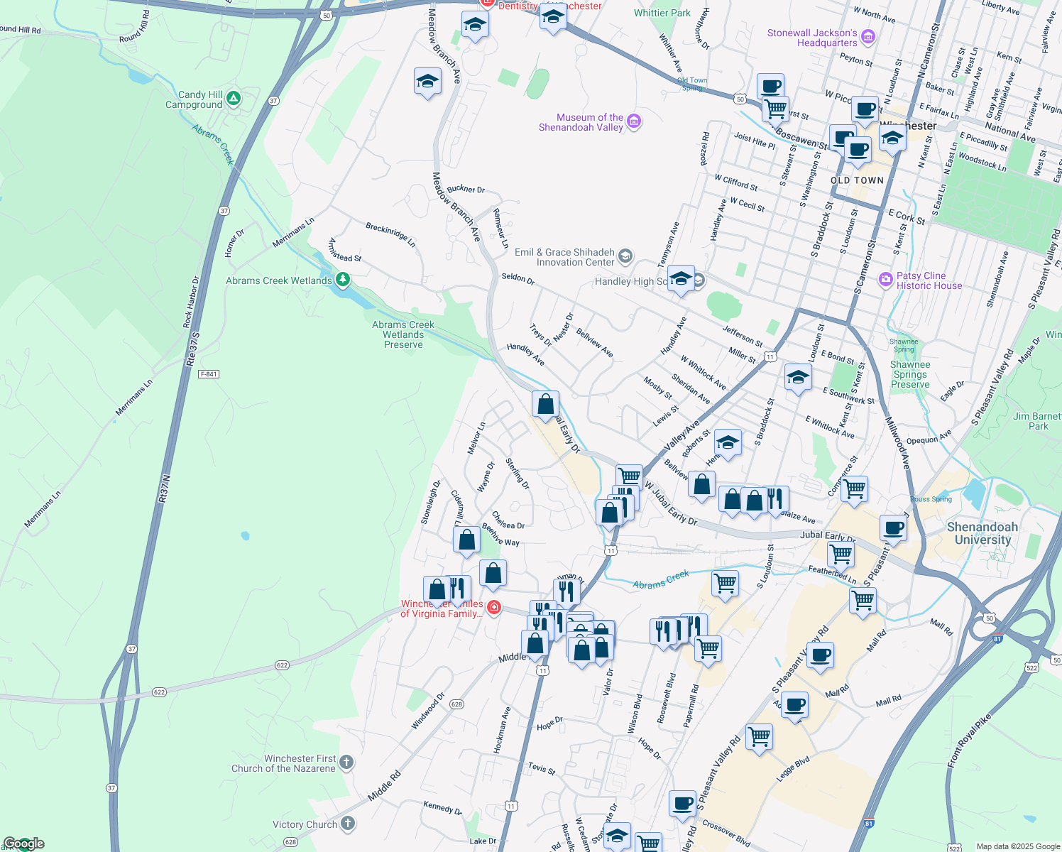 map of restaurants, bars, coffee shops, grocery stores, and more near 1813 Rosser Lane in Winchester