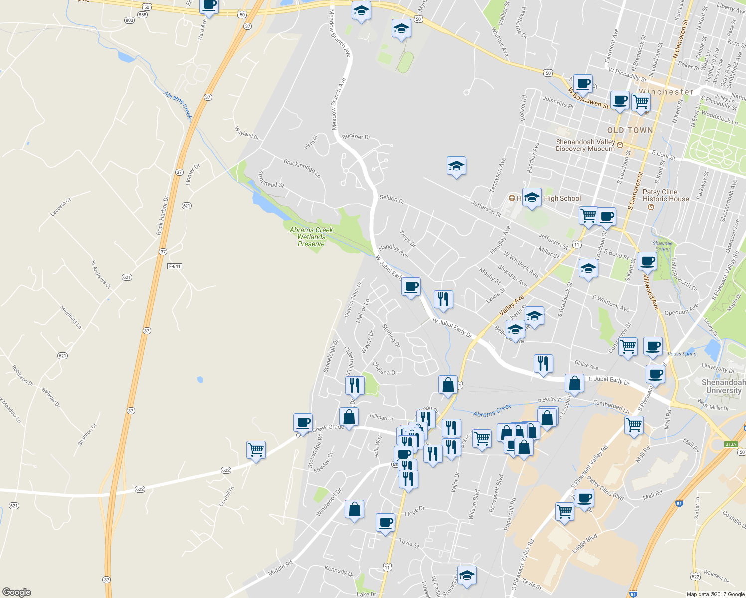 map of restaurants, bars, coffee shops, grocery stores, and more near 1839 Kershaw Lane in Winchester