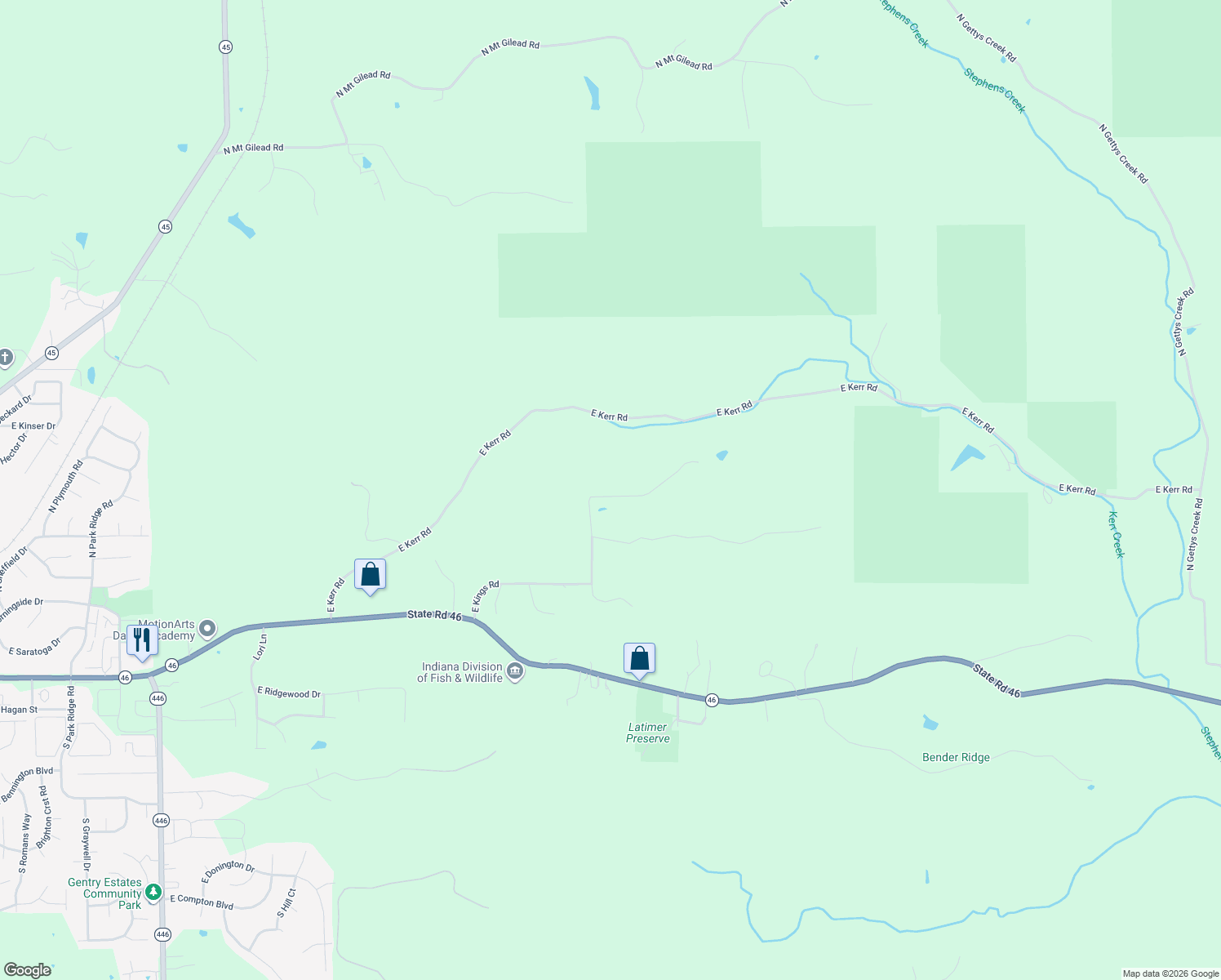 map of restaurants, bars, coffee shops, grocery stores, and more near 5601-5899 Kings Road in Bloomington