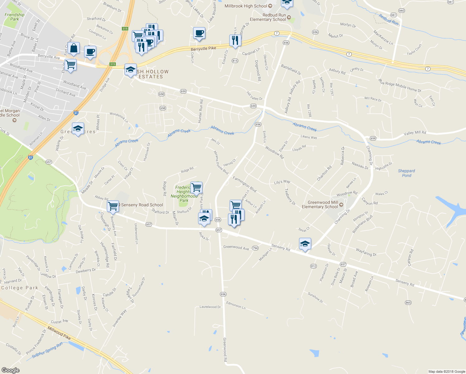 map of restaurants, bars, coffee shops, grocery stores, and more near 111 Orion Court in Winchester