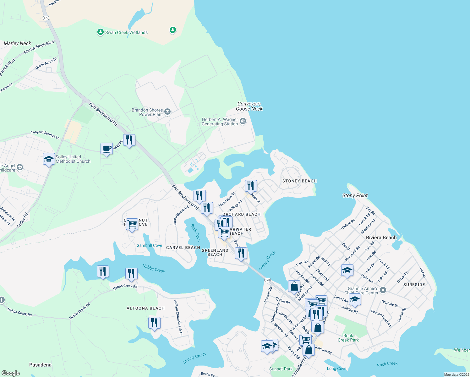 map of restaurants, bars, coffee shops, grocery stores, and more near 904 Waterview Drive in Orchard Beach