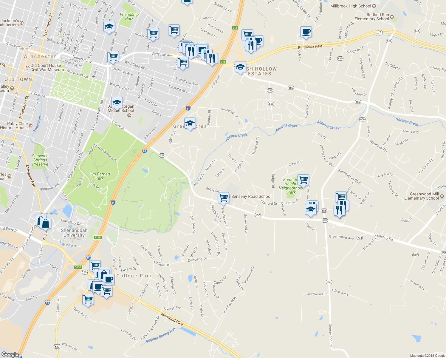 map of restaurants, bars, coffee shops, grocery stores, and more near 191 Village Court in Winchester