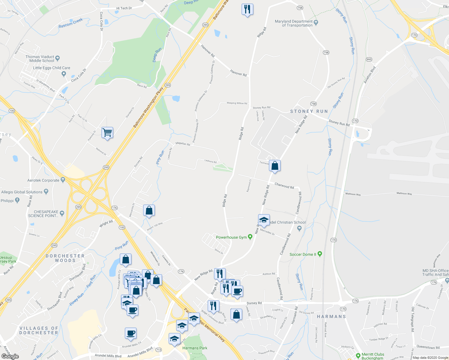 map of restaurants, bars, coffee shops, grocery stores, and more near 7320 Ridge Road in Hanover
