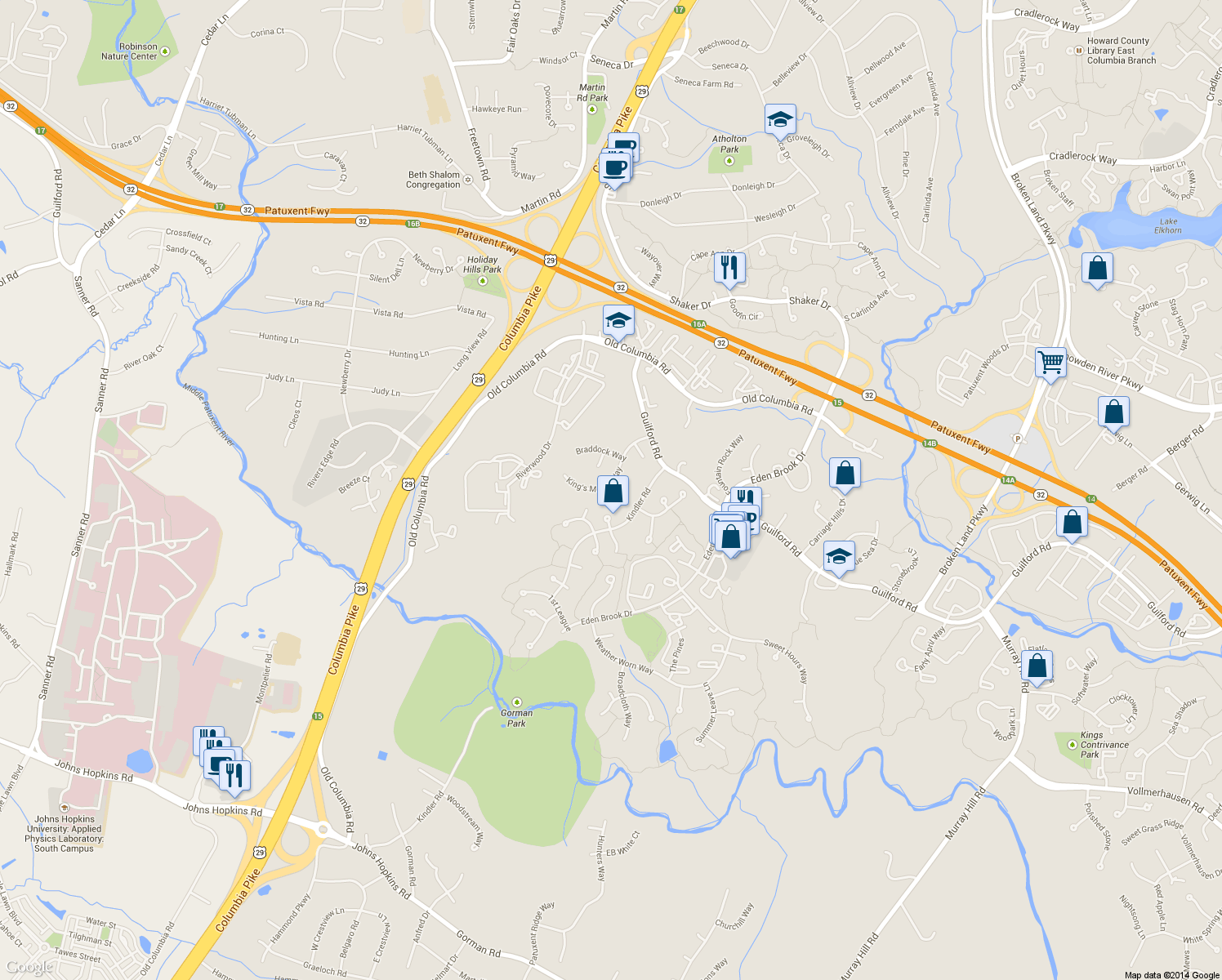 map of restaurants, bars, coffee shops, grocery stores, and more near 8401 Glade Court in Columbia