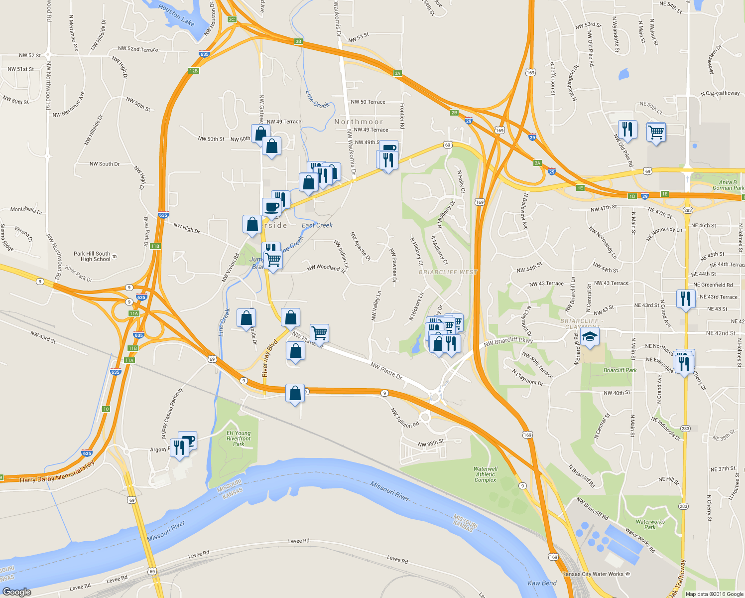 map of restaurants, bars, coffee shops, grocery stores, and more near 918 NW Valley Ln in Riverside