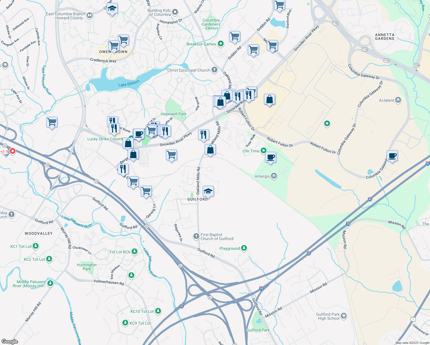 map of restaurants, bars, coffee shops, grocery stores, and more near 7272 Procopio Circle in Columbia