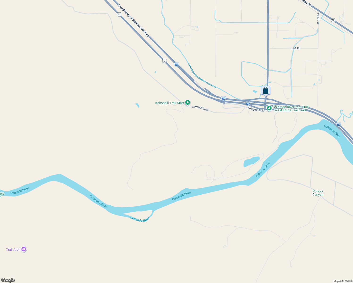 map of restaurants, bars, coffee shops, grocery stores, and more near Kokopelli Trail in Mesa County