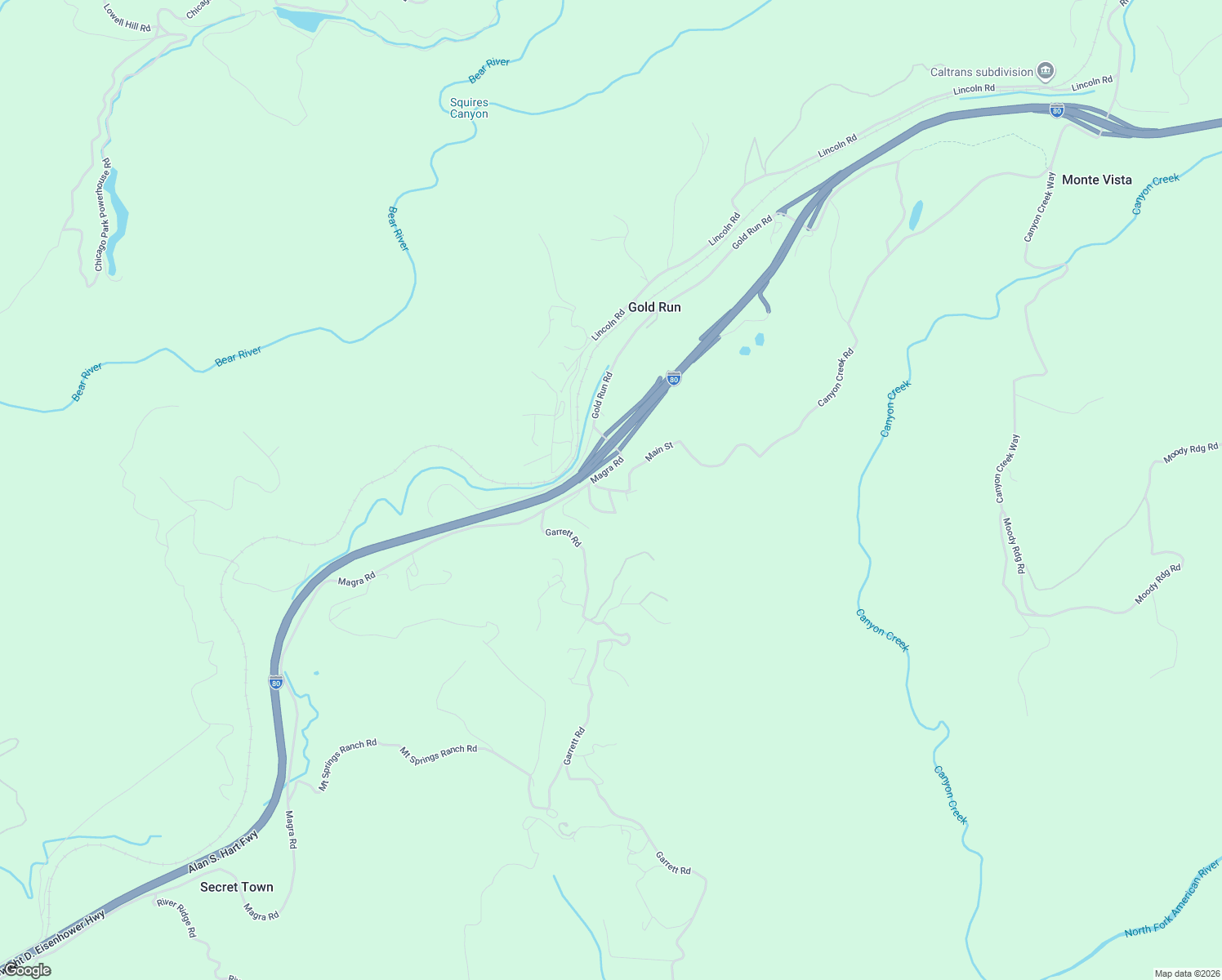 map of restaurants, bars, coffee shops, grocery stores, and more near 128 Main Street in Gold Run