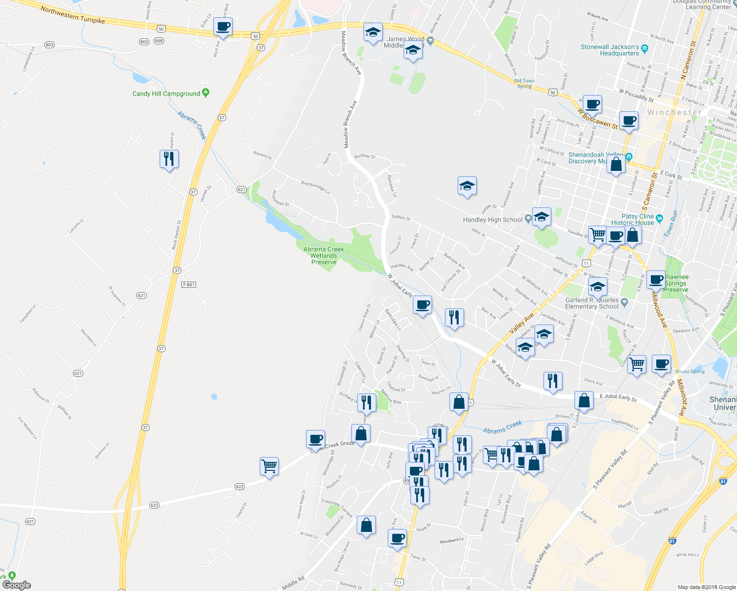 map of restaurants, bars, coffee shops, grocery stores, and more near 1877 Clayton Ridge Drive in Winchester