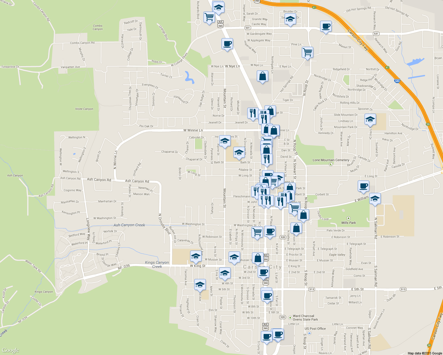 map of restaurants, bars, coffee shops, grocery stores, and more near 805 West Long Street in Carson City