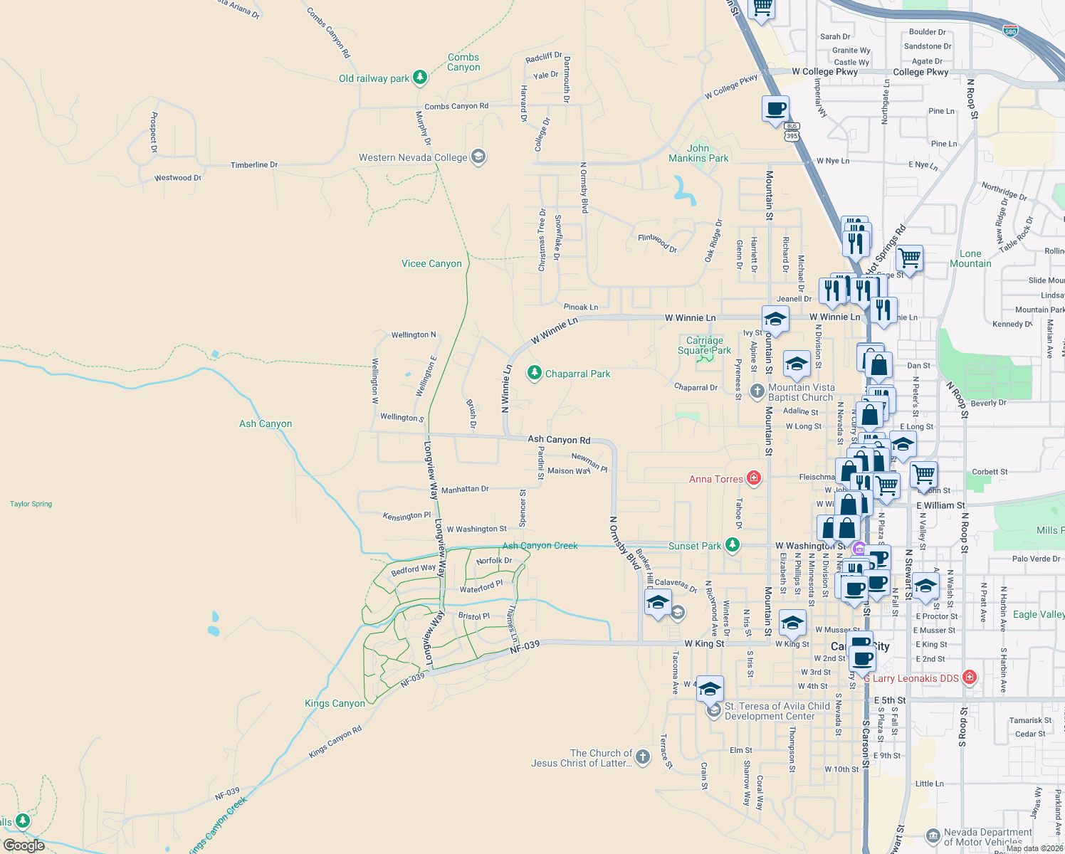 map of restaurants, bars, coffee shops, grocery stores, and more near 2032 Ash Canyon Road in Carson City