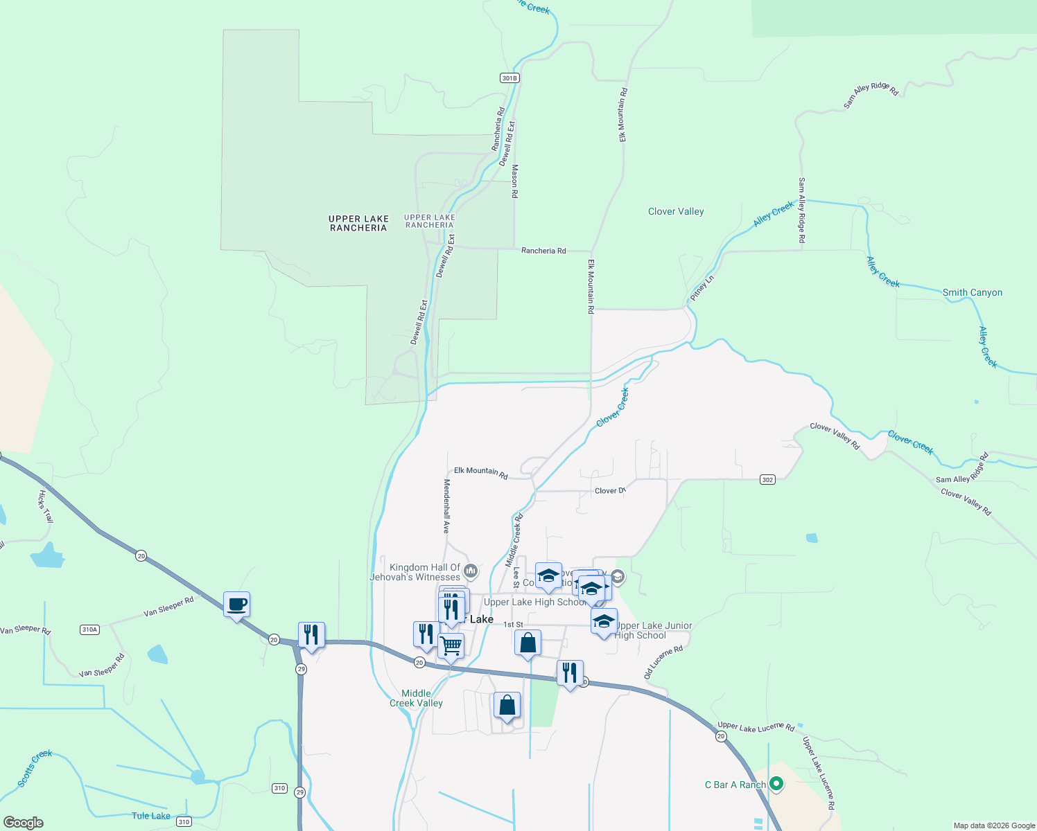 map of restaurants, bars, coffee shops, grocery stores, and more near 10181 Elk Mountain Road in Upper Lake