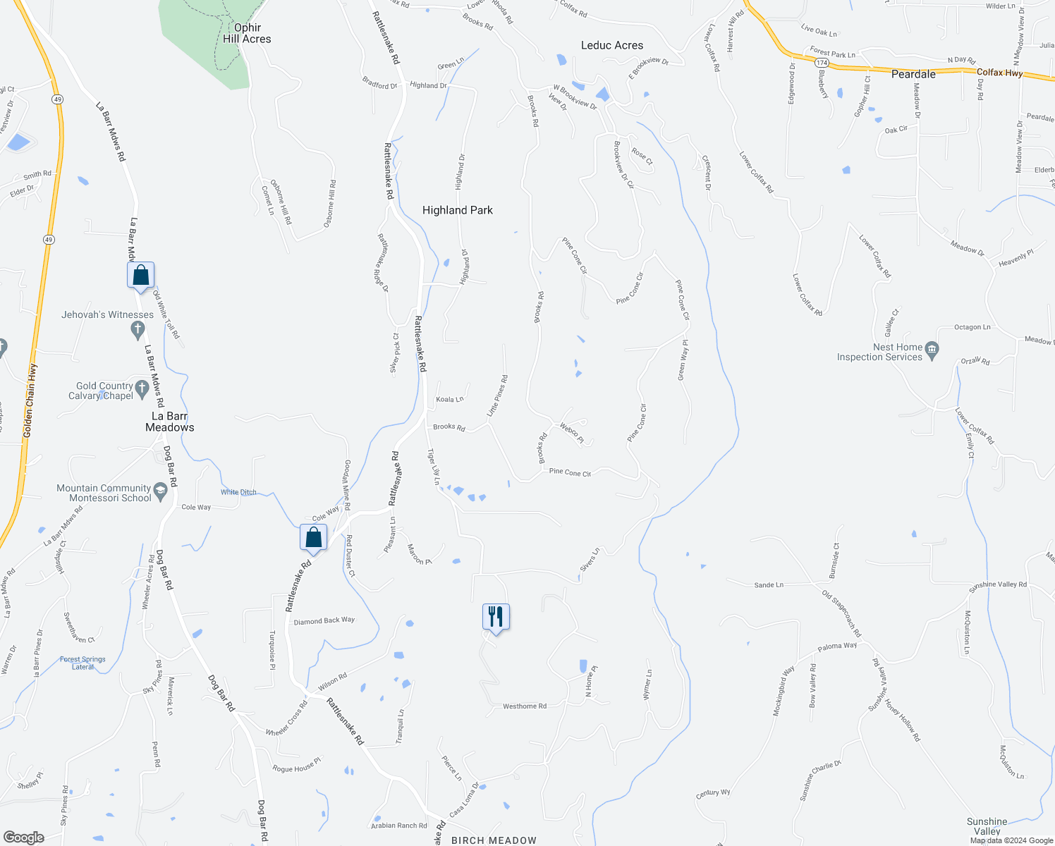 map of restaurants, bars, coffee shops, grocery stores, and more near 15450 Brooks Road in Grass Valley