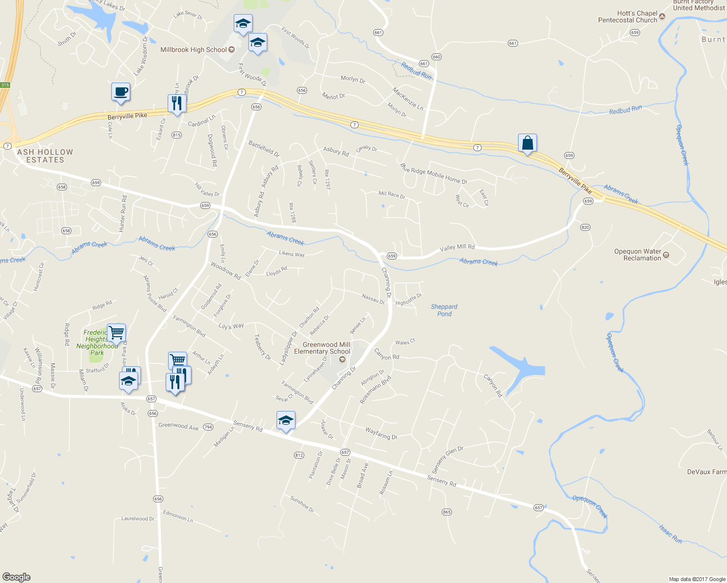 map of restaurants, bars, coffee shops, grocery stores, and more near 114 Nassau Drive in Winchester