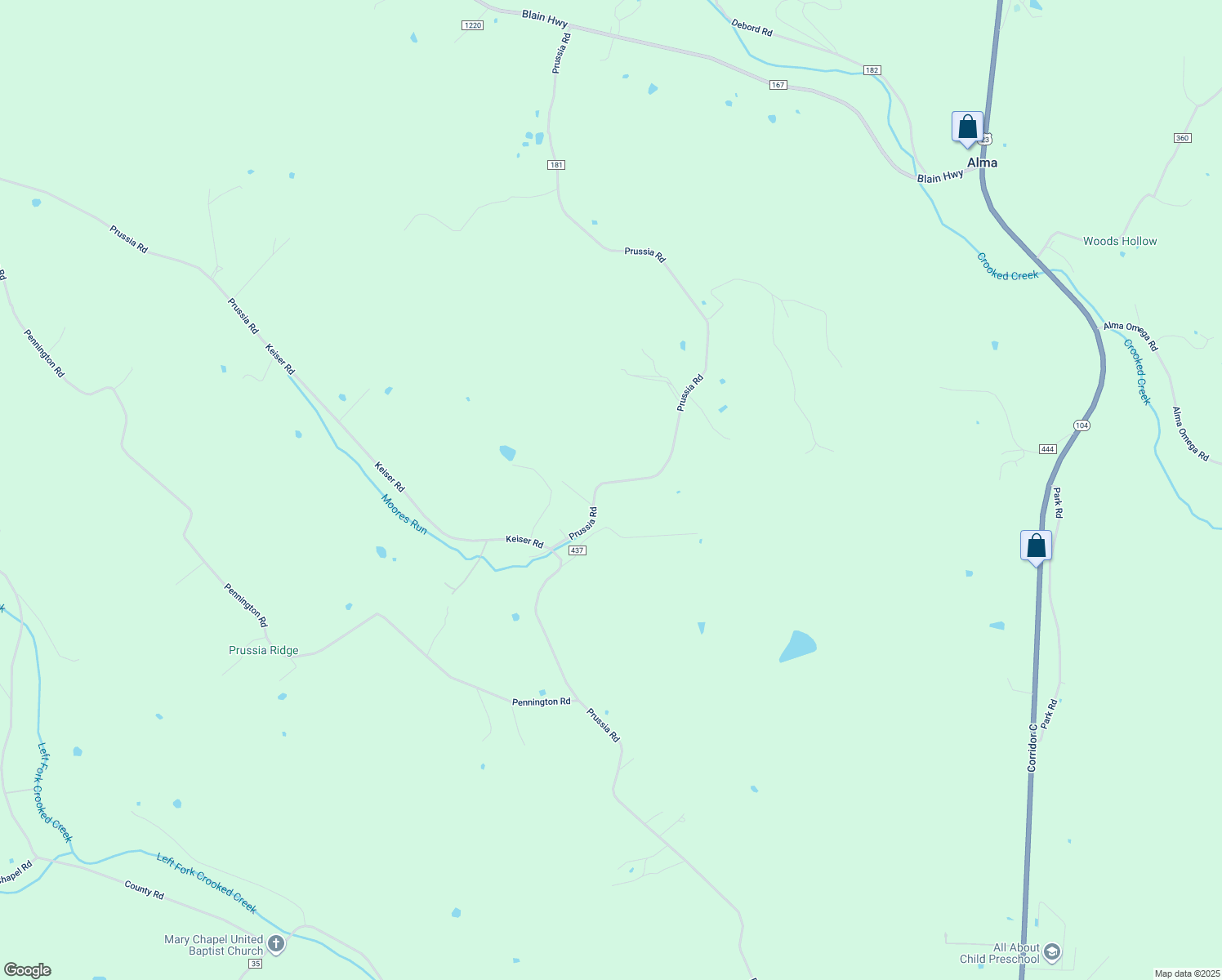 map of restaurants, bars, coffee shops, grocery stores, and more near 2671 Prussia Road in Waverly