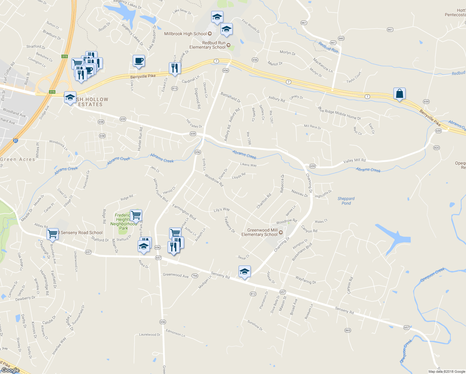 map of restaurants, bars, coffee shops, grocery stores, and more near 110 Helen Circle in Winchester