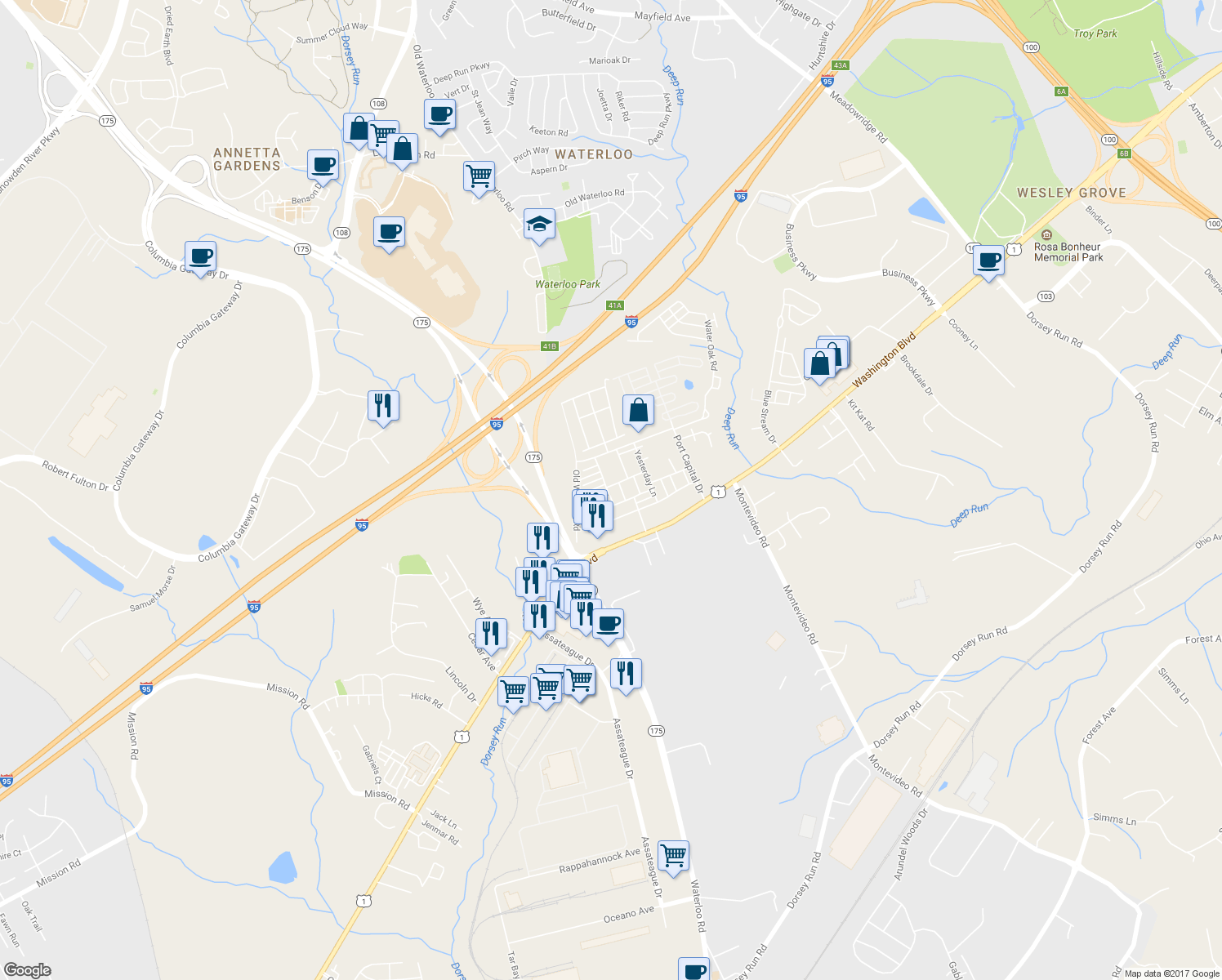 map of restaurants, bars, coffee shops, grocery stores, and more near 7300 Summit Rock Road in Elkridge