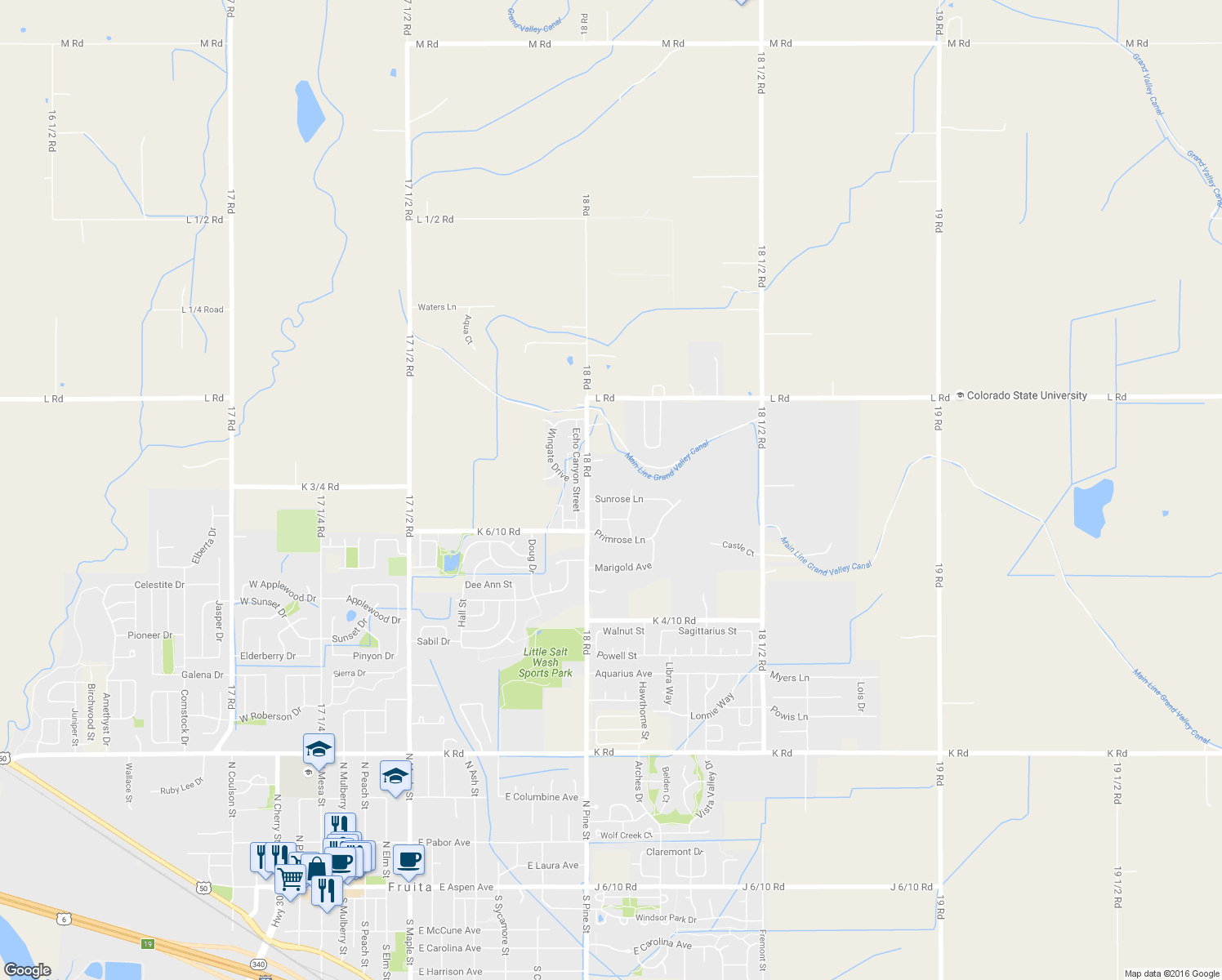 map of restaurants, bars, coffee shops, grocery stores, and more near 1113 Sunrose Lane in Fruita