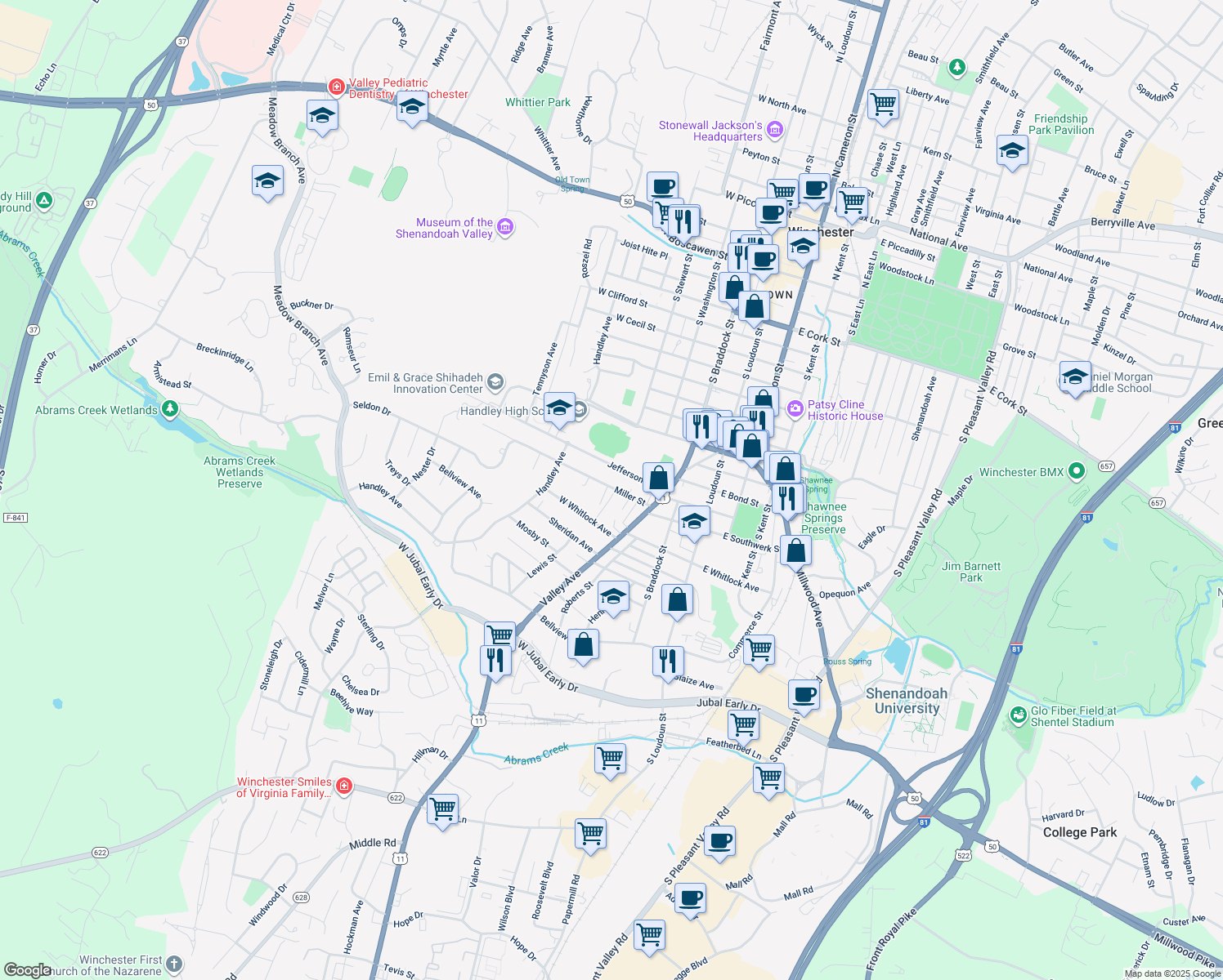 map of restaurants, bars, coffee shops, grocery stores, and more near 301 Miller Street in Winchester