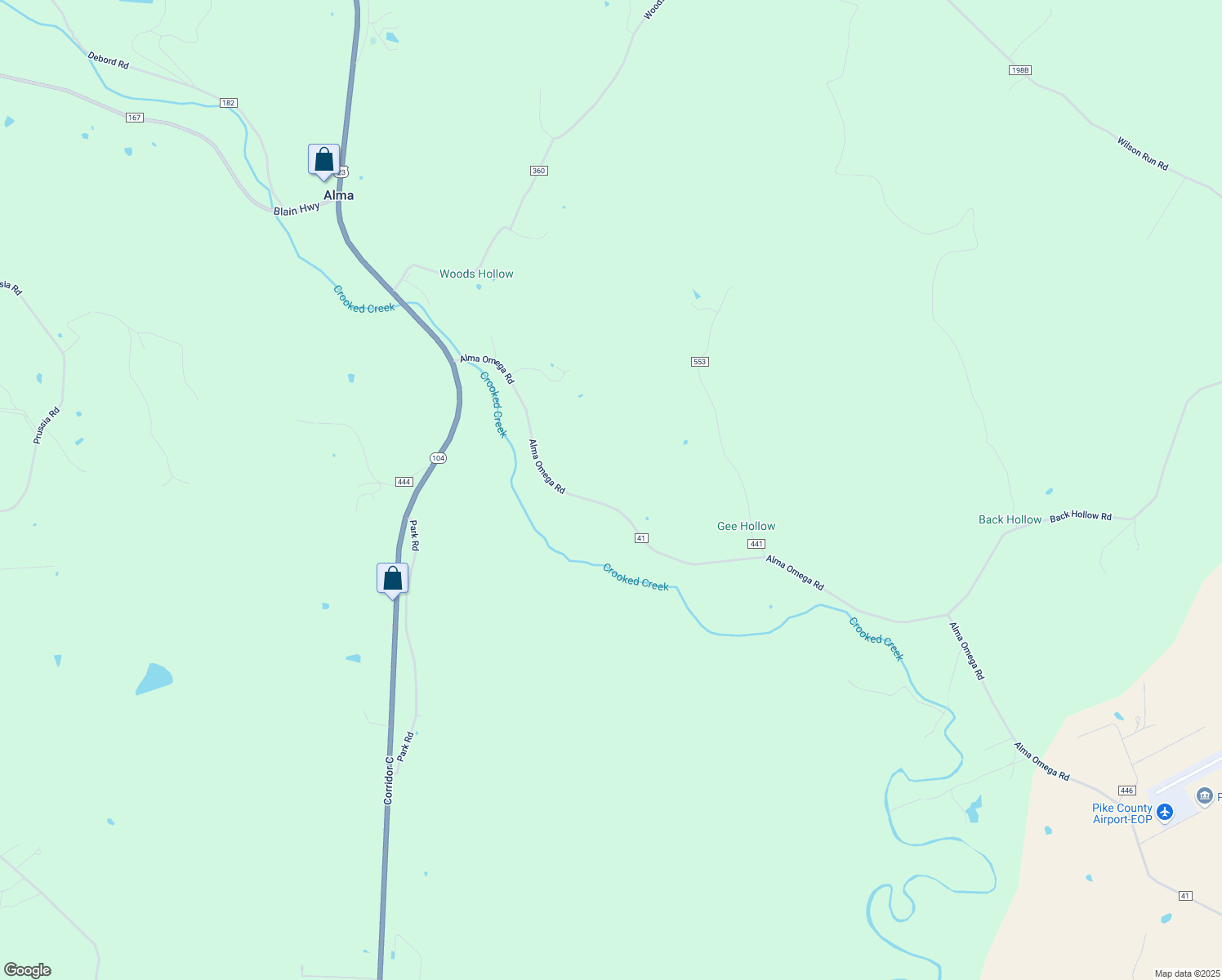 map of restaurants, bars, coffee shops, grocery stores, and more near 681 Alma Omega Road in Waverly