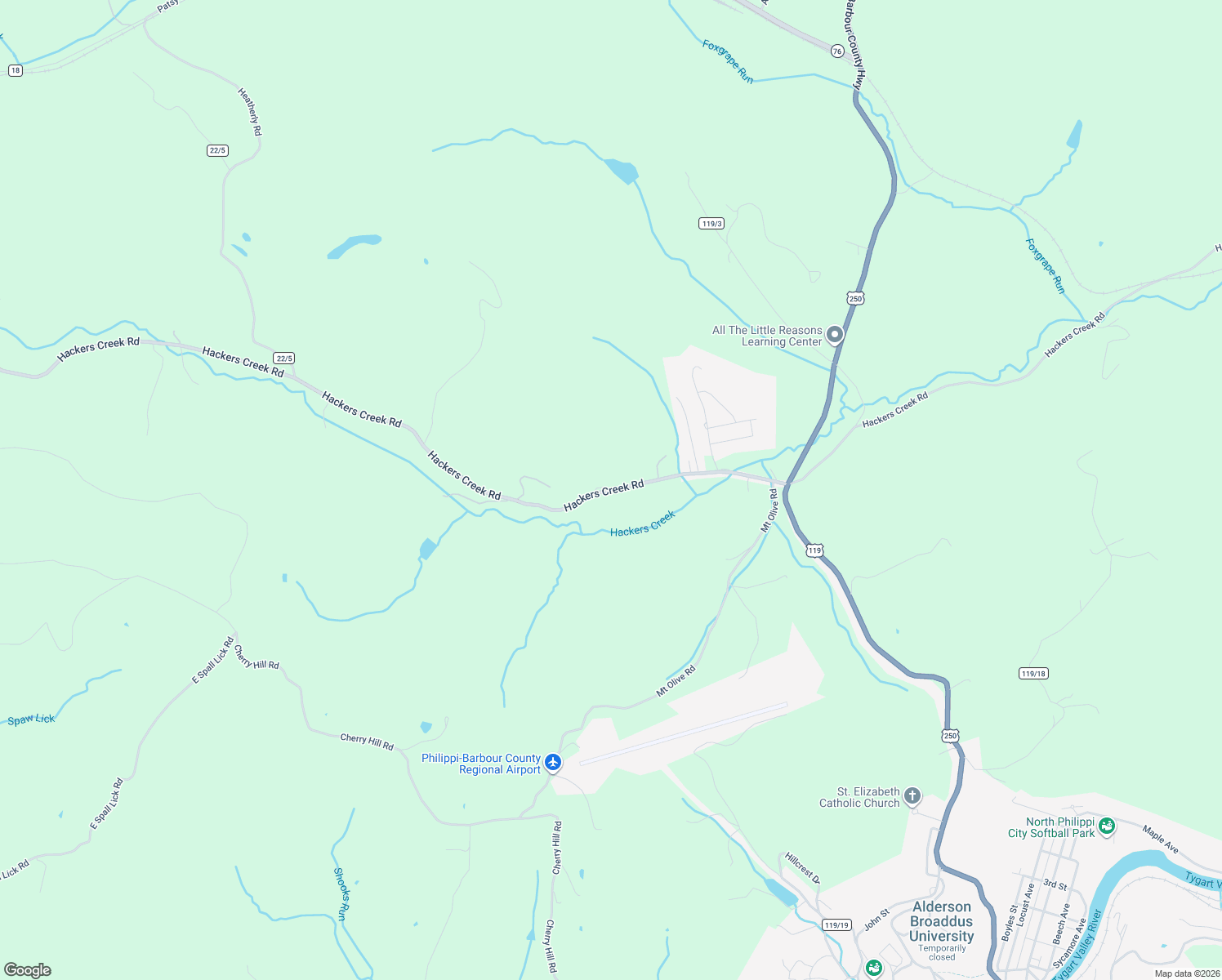 map of restaurants, bars, coffee shops, grocery stores, and more near Hackers Creek Rd in Philippi