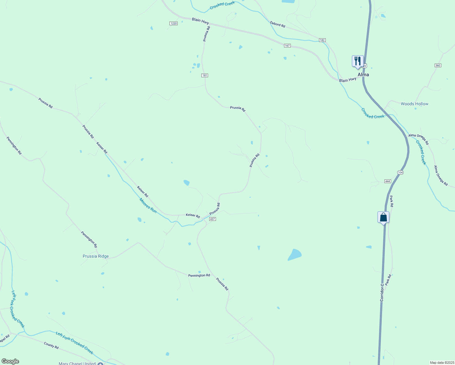 map of restaurants, bars, coffee shops, grocery stores, and more near 2671 Prussia Road in Waverly