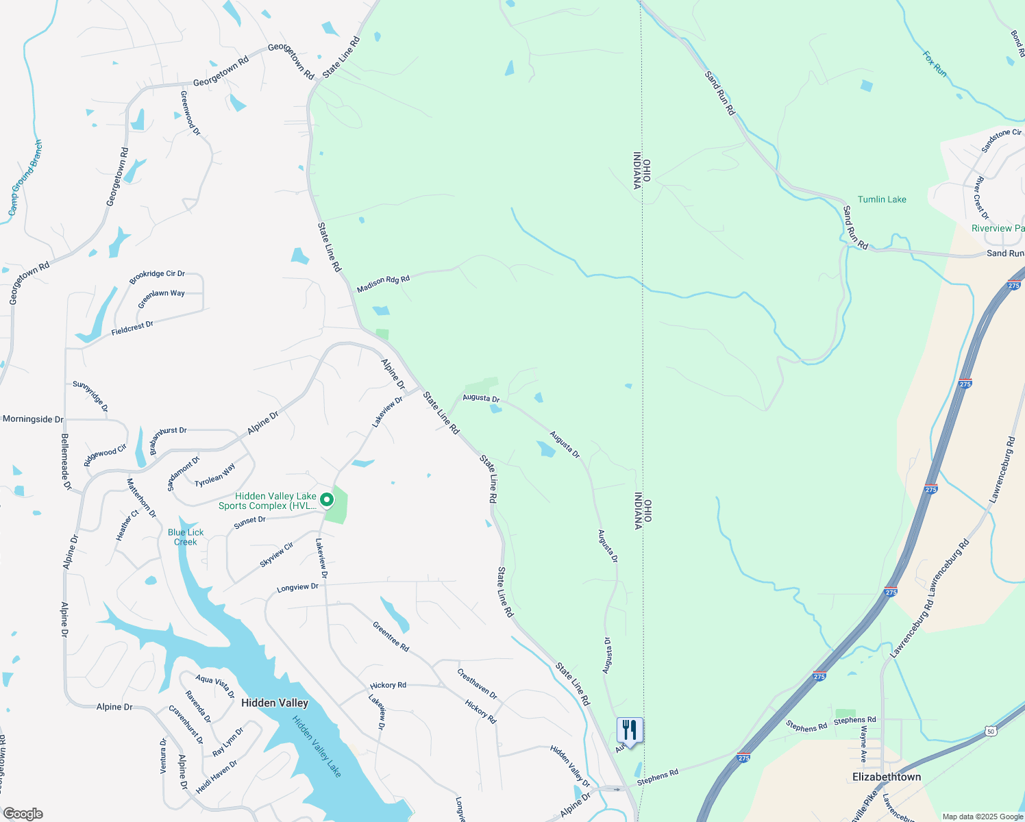 map of restaurants, bars, coffee shops, grocery stores, and more near 21123 Augusta Drive in Lawrenceburg
