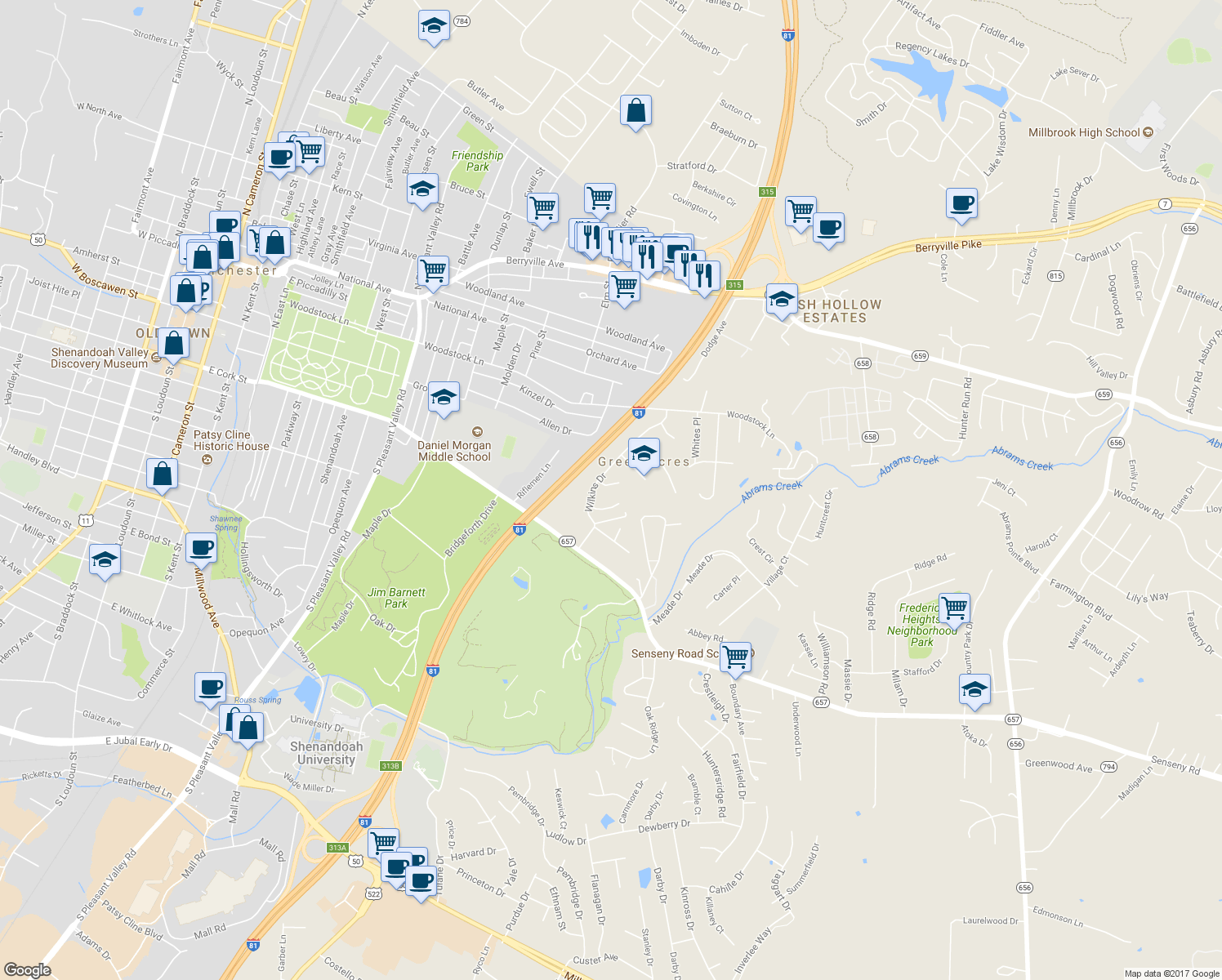 map of restaurants, bars, coffee shops, grocery stores, and more near 104 Wilkins Place in Winchester