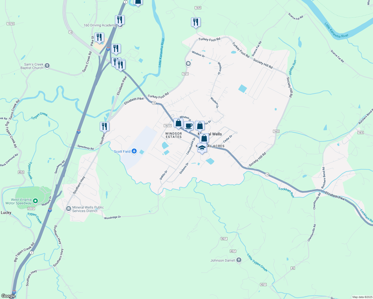 map of restaurants, bars, coffee shops, grocery stores, and more near Stoops Road in Mineral Wells