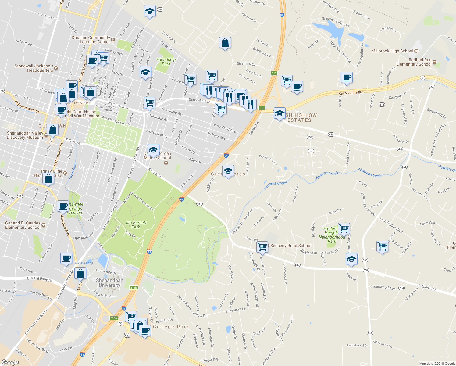 map of restaurants, bars, coffee shops, grocery stores, and more near 114 Wild Rose Circle in Winchester