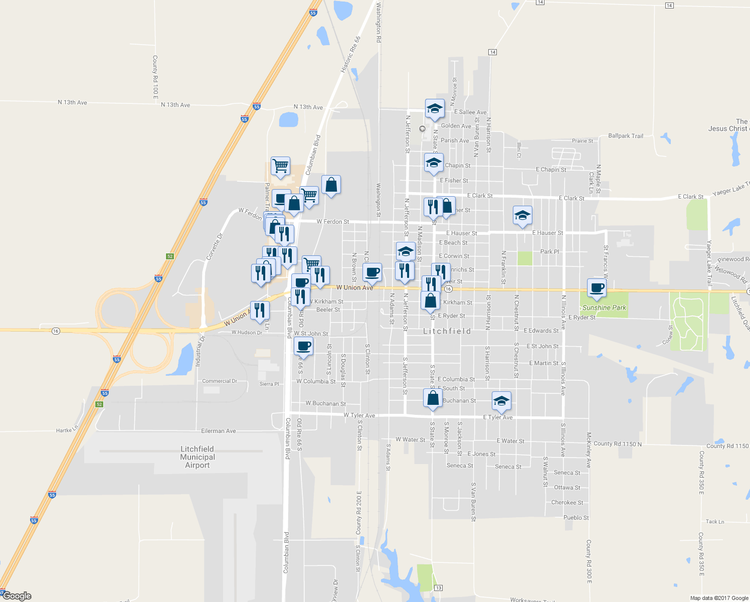 map of restaurants, bars, coffee shops, grocery stores, and more near 518 West Kirkham Street in Litchfield