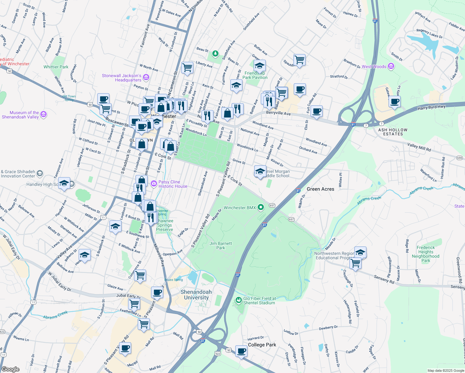 map of restaurants, bars, coffee shops, grocery stores, and more near 208 South Euclid Avenue in Winchester