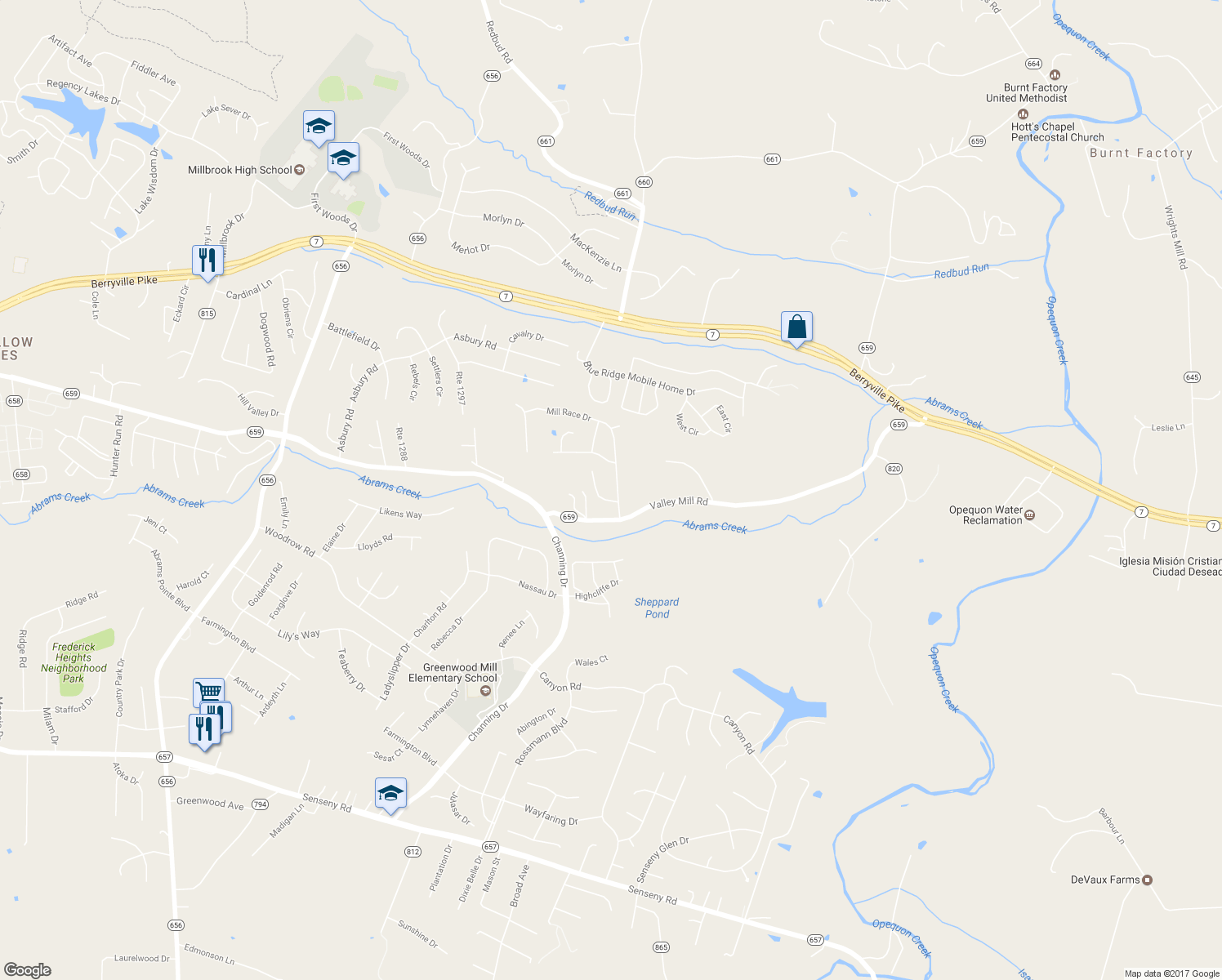 map of restaurants, bars, coffee shops, grocery stores, and more near 109 Mill Race Drive in Winchester