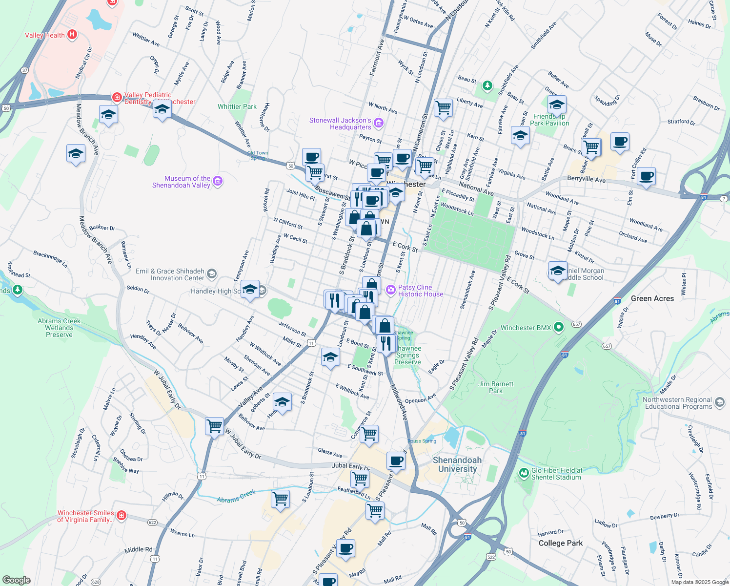map of restaurants, bars, coffee shops, grocery stores, and more near 18 East Germain Street in Winchester
