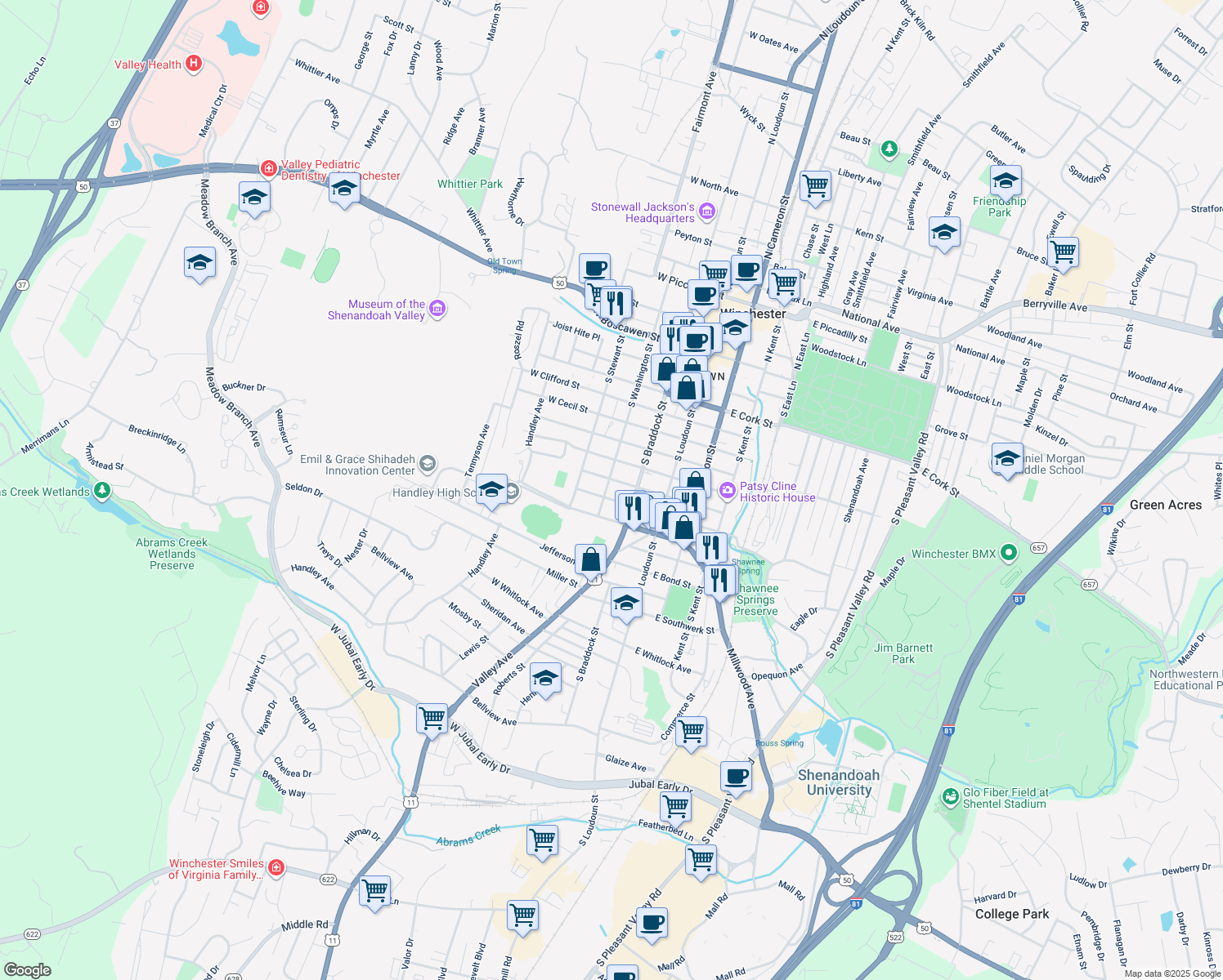 map of restaurants, bars, coffee shops, grocery stores, and more near 712 South Washington Street in Winchester