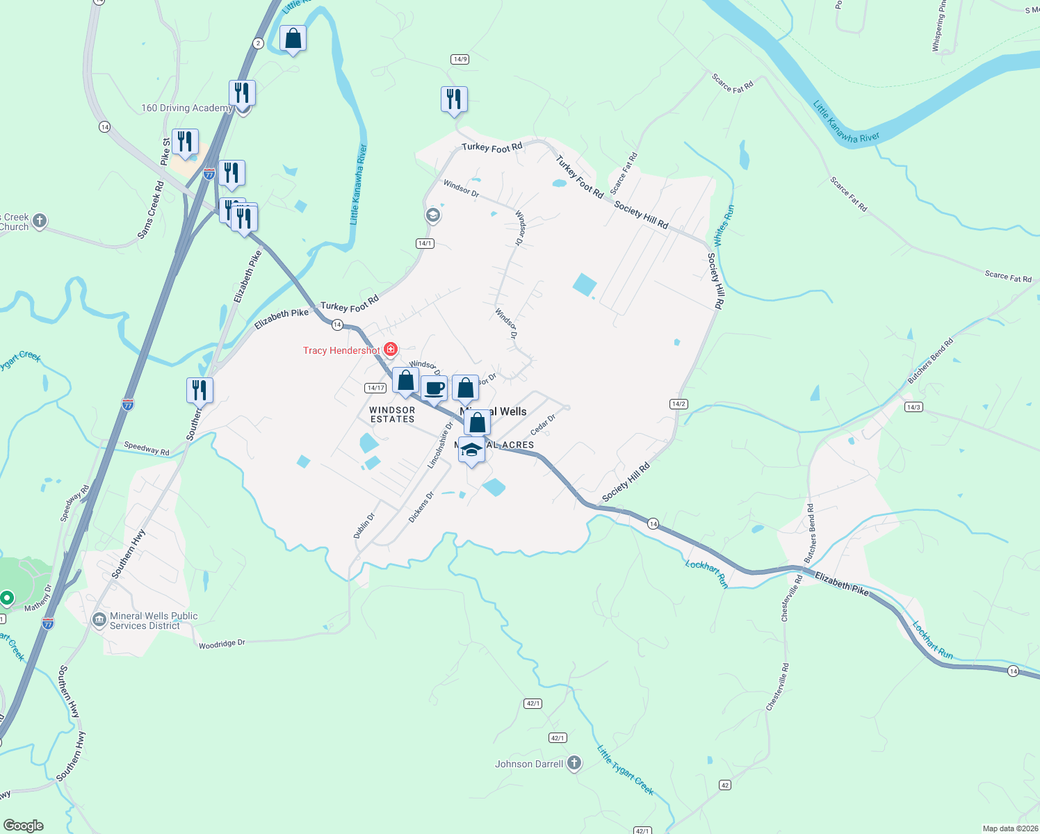 map of restaurants, bars, coffee shops, grocery stores, and more near 223 Locust Dr in Mineral Wells