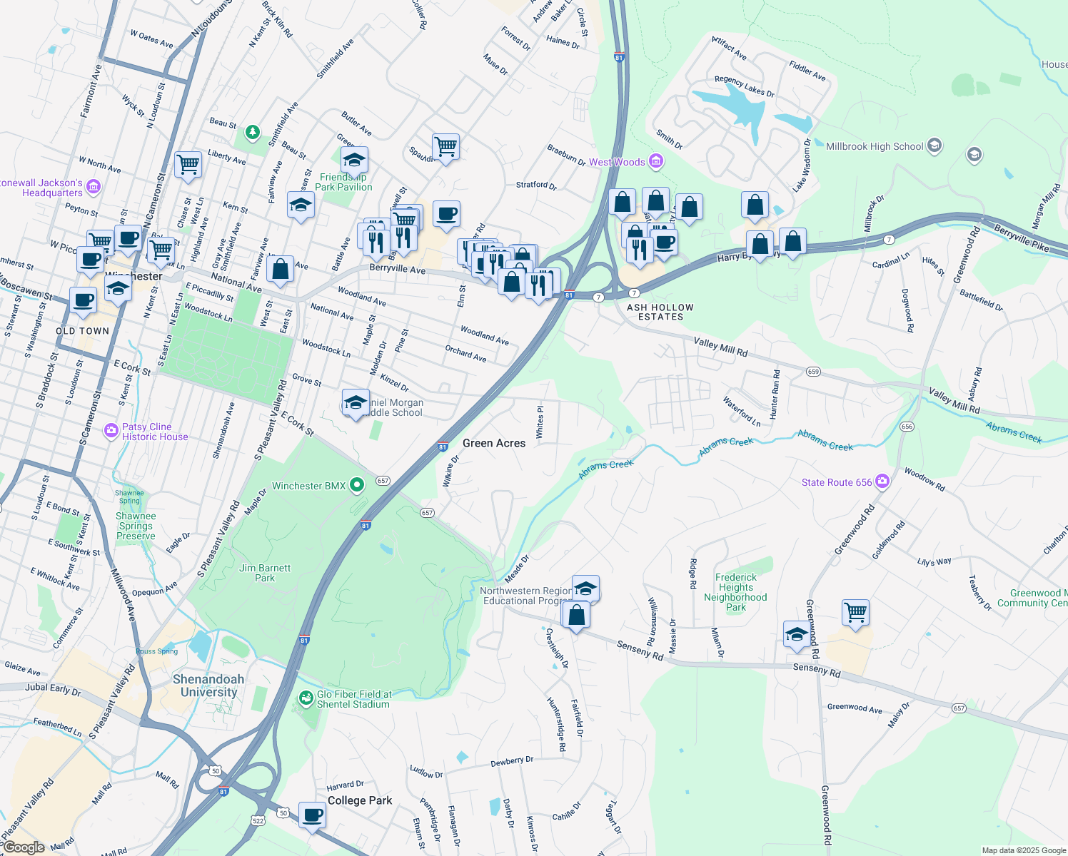 map of restaurants, bars, coffee shops, grocery stores, and more near 110 Whites Place in Winchester