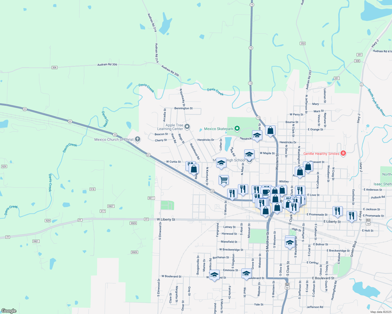 map of restaurants, bars, coffee shops, grocery stores, and more near 823 Robinhood Rd in Mexico