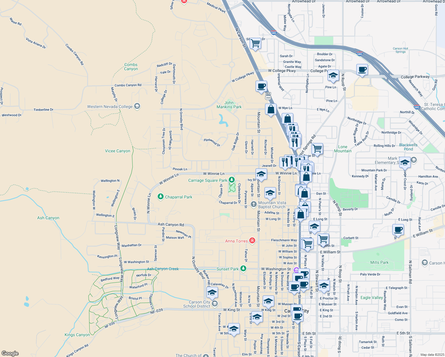 map of restaurants, bars, coffee shops, grocery stores, and more near 1220 Cabrolet Drive in Carson City