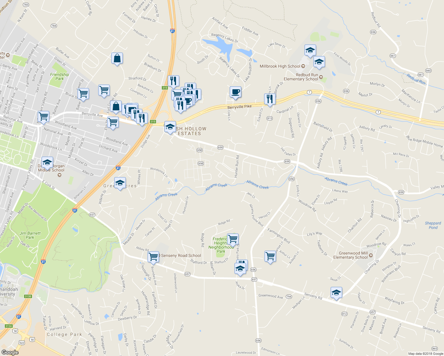 map of restaurants, bars, coffee shops, grocery stores, and more near 111 Willowbrook Court in Winchester