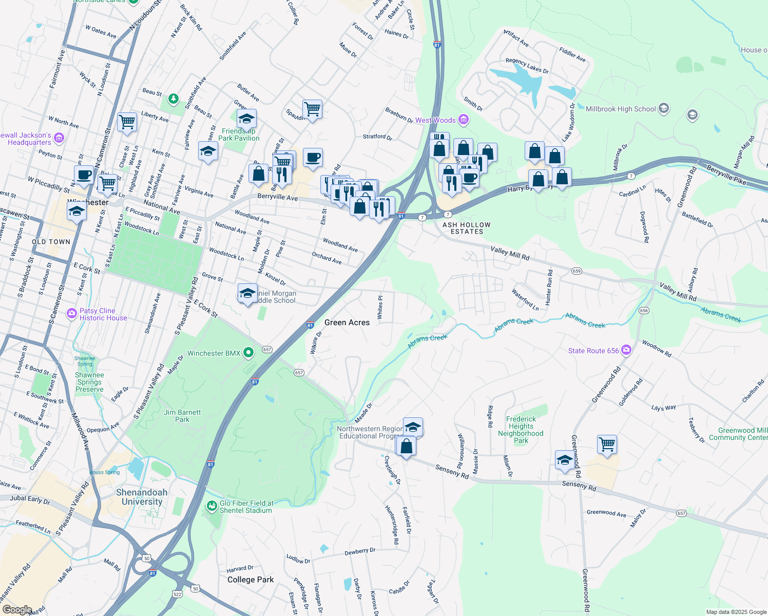 map of restaurants, bars, coffee shops, grocery stores, and more near 109 Whites Pl in Winchester