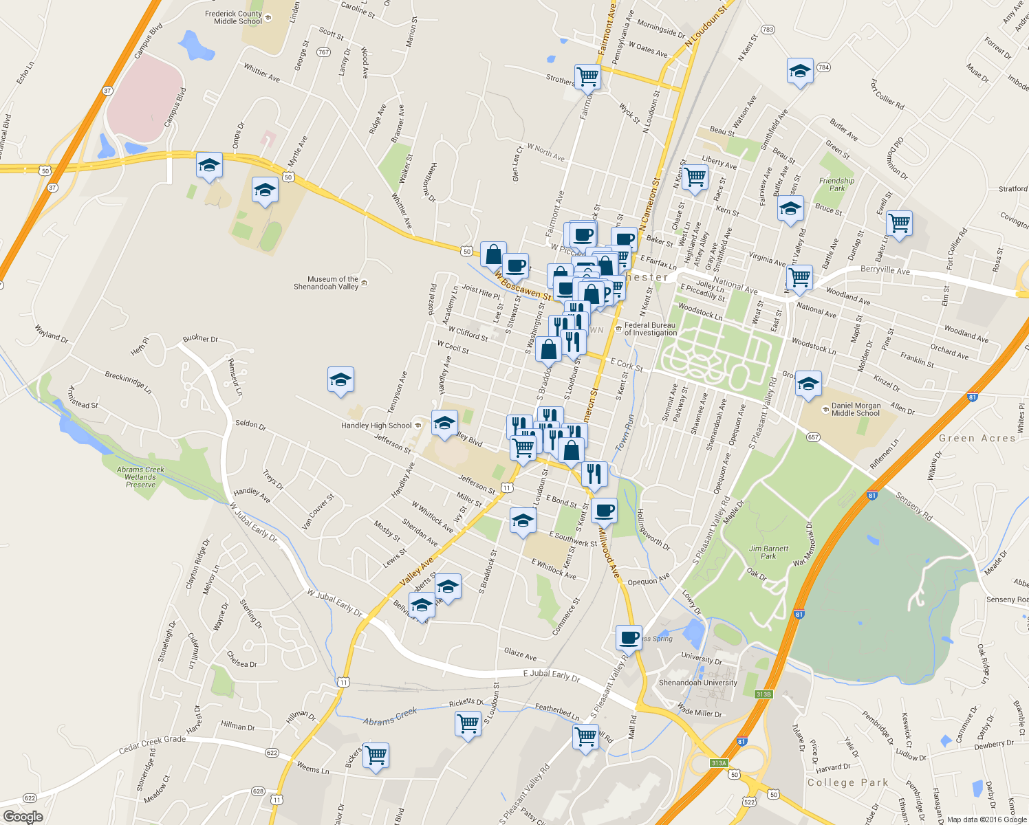 map of restaurants, bars, coffee shops, grocery stores, and more near 618 South Washington Street in Winchester