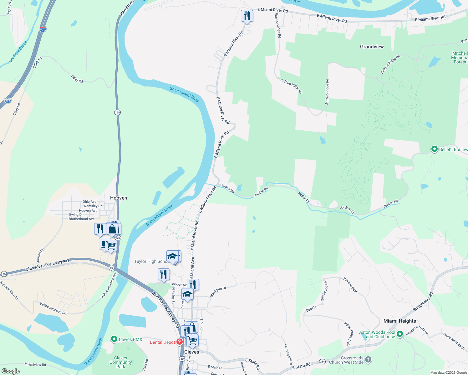 map of restaurants, bars, coffee shops, grocery stores, and more near 9166 Jordan Road in Cleves