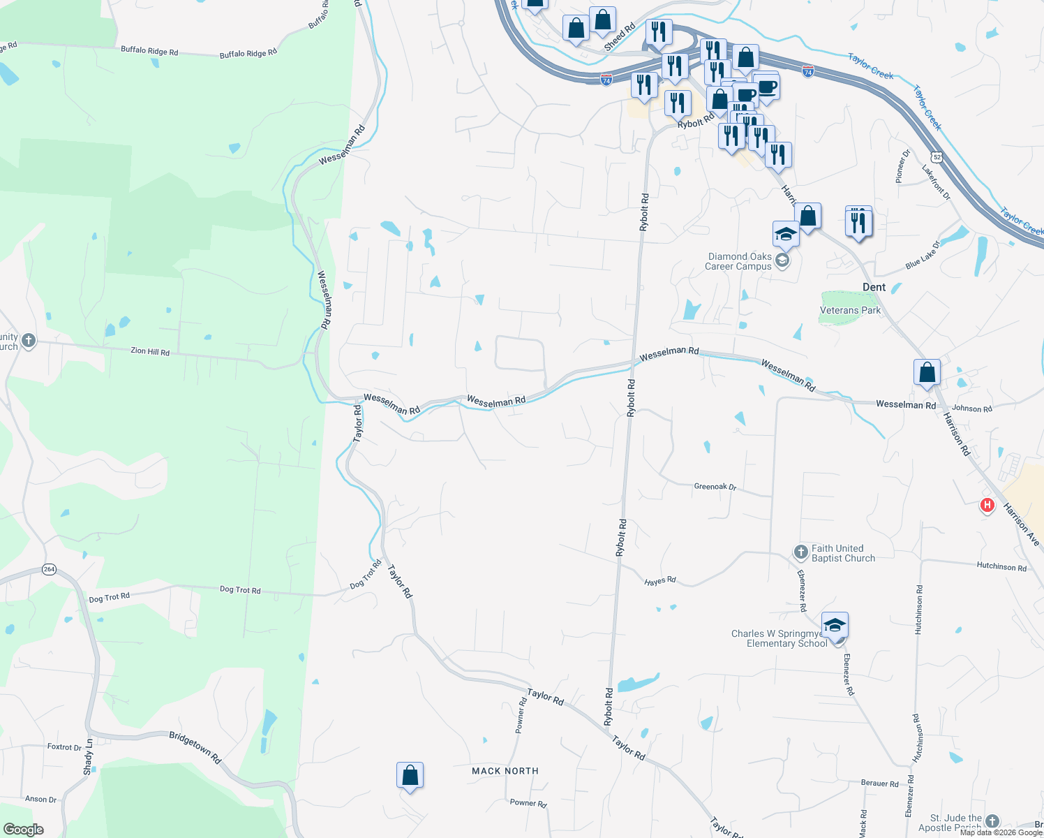 map of restaurants, bars, coffee shops, grocery stores, and more near 7707 Wesselman Road in Cleves