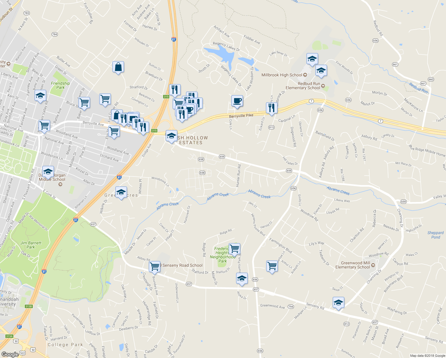 map of restaurants, bars, coffee shops, grocery stores, and more near 242 Waterford Lane in Winchester
