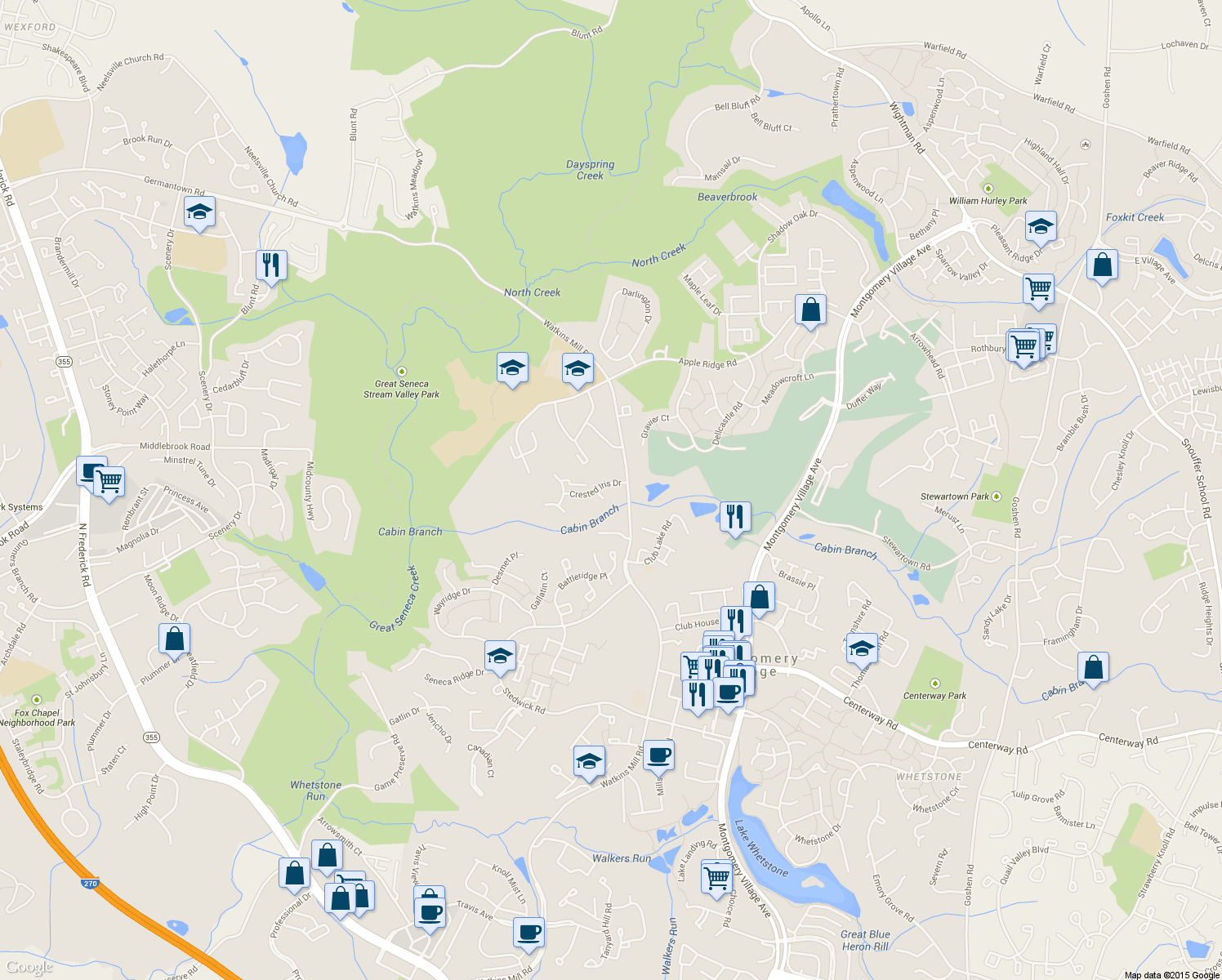 map of restaurants, bars, coffee shops, grocery stores, and more near 27 Crested Iris Court in Gaithersburg