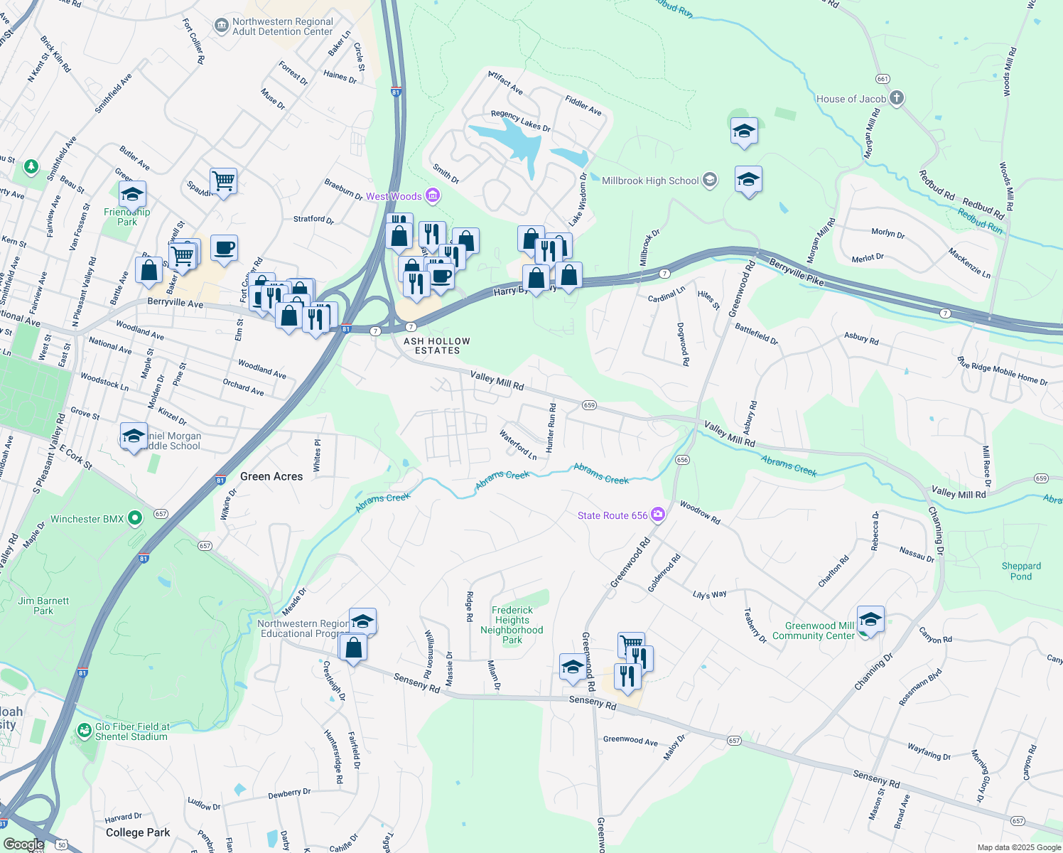 map of restaurants, bars, coffee shops, grocery stores, and more near 120 Little River Drive in Winchester