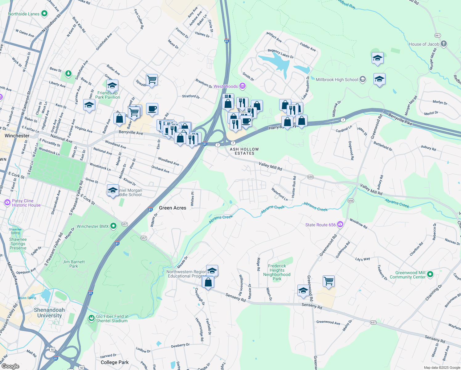 map of restaurants, bars, coffee shops, grocery stores, and more near 122 Whirlwind Drive in Winchester